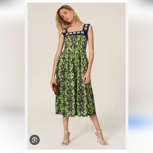 Autumn Adeigbo Green Patterned Midi Dress with Navy Square Neck. Size 10